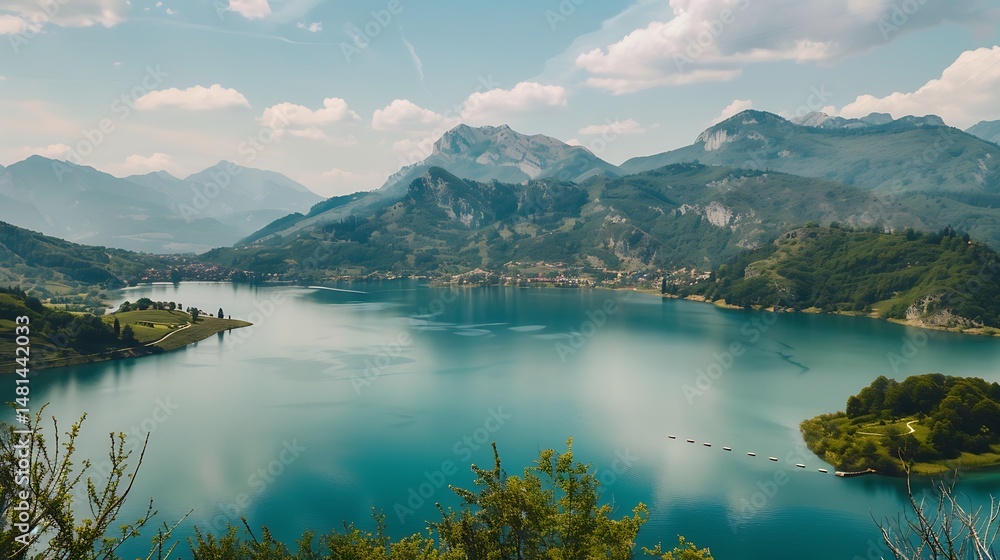 Naklejka premium Panoramic View of a Serene Lake Surrounded by Mountains and Lush Greenery