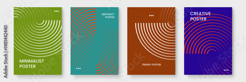 Four colorful posters with geometric patterns suitable for modern interior decoration or graphic design projects. Vibrant and eye catching designs.