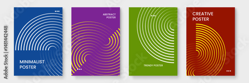 Four colorful posters with geometric patterns suitable for modern interior decoration or graphic design projects. Vibrant and eye catching designs.