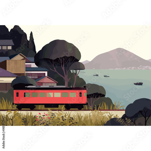 Enoden train illustration scenery nature vector