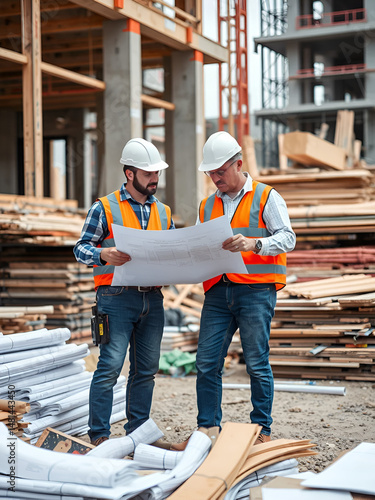 Construction Workers Collaborating on Site, Two construction workers review blueprints amidst piles of materials on construction site, ensuring accurate project planning and execution