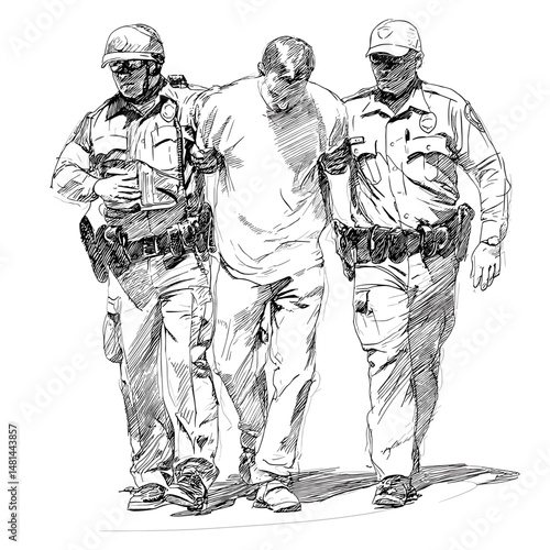 vector sketch two police officers detain a criminal on a white background .Generative AI
