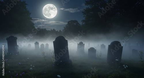 Moonlit Graveyard FogShrouded Headstones Under a Full Moon