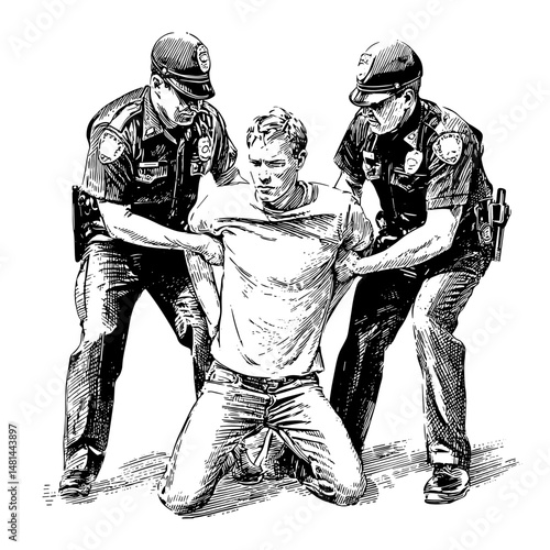 vector sketch two police officers detain a criminal on a white background .Generative AI