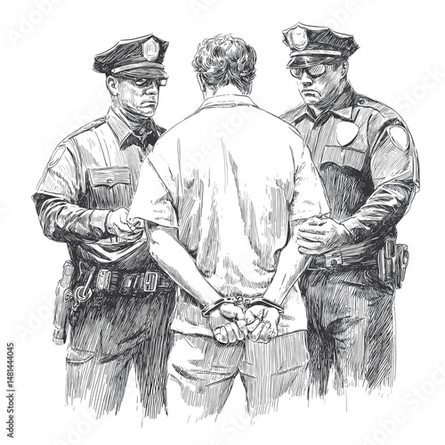 vector sketch two police officers detain a criminal on a white background .Generative AI