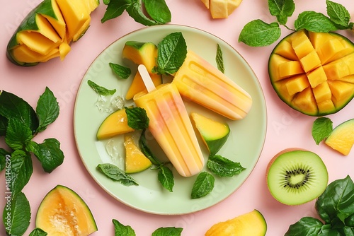 Mango and cantaloupe popsicles surrounded by fresh fruit and mint