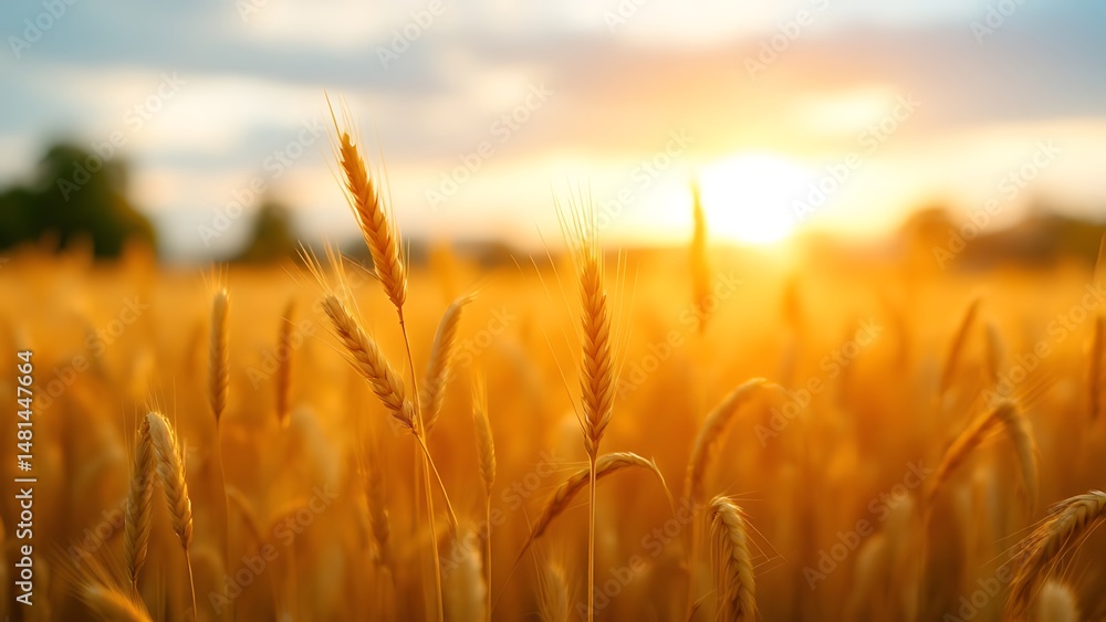 Golden wheat spikes glowing in warm sunlight. Ideal for agricultural themes, nature blogs, organic product ads, seasonal posters, and rural lifestyle content Golden wheat spikes glowing in warm sunlight. Ideal for agricultural themes, nature blogs, organic product ads, seasonal posters, and rural lifestyle content