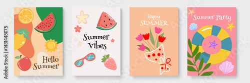 Four colorful summer themed cards perfect for invitations, banners, social media posts, and greeting cards to brighten up any event.