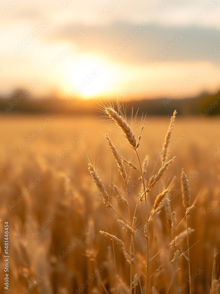 Fototapeta premium Golden wheat spikes glowing in warm sunlight. Ideal for agricultural themes, nature blogs, organic product ads, seasonal posters, and rural lifestyle content
