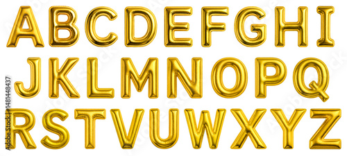 Gold Inflated Balloon Alphabet A–Z Isolated on Transparent Background