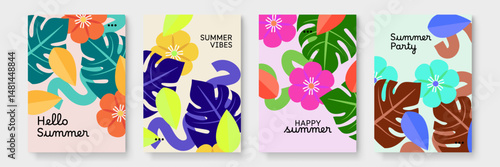 Four bright summer themed cards featuring vibrant flowers and leaves, perfect for adorning summer event invitations or garden party decorations.