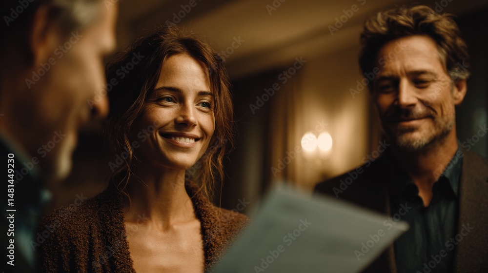 Contractor Presenting Blueprints to Smiling Couple in Luxury Basement with High-End Renovation. Contractor Presenting Blueprints to Smiling Couple in Luxury Basement with High-End Renovation.