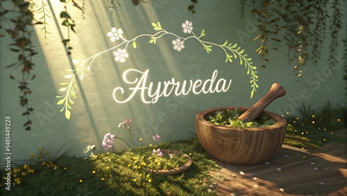 Golden pestle with herbs signifies holistic medicine rooted in ancient Ayurvedic practices.