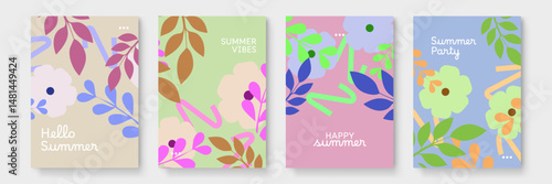 Set of four summer themed greeting cards featuring colorful flowers and leaves. Perfect for sending cheerful messages during the warmer months.