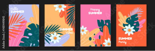Four colorful summer greeting cards, perfect for sending cheerful messages during the warm season. Great for stationery designs or social media posts.