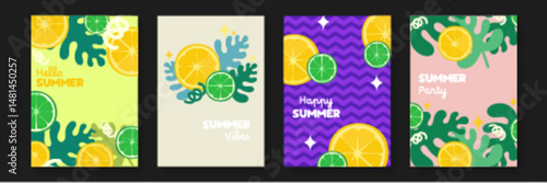 Four vibrant designs featuring lemons and limes, perfect for summer themed projects, beverage labels, recipe cards, or party invitations. Refreshing citrus illustrations.