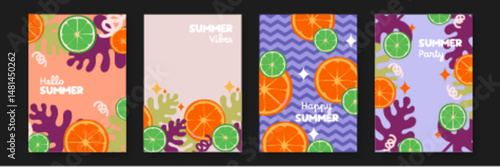 Four colorful cards featuring orange and lime slices