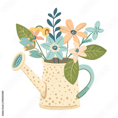 Flowers and green leaves arranged in a watering can illustration flowers art vector