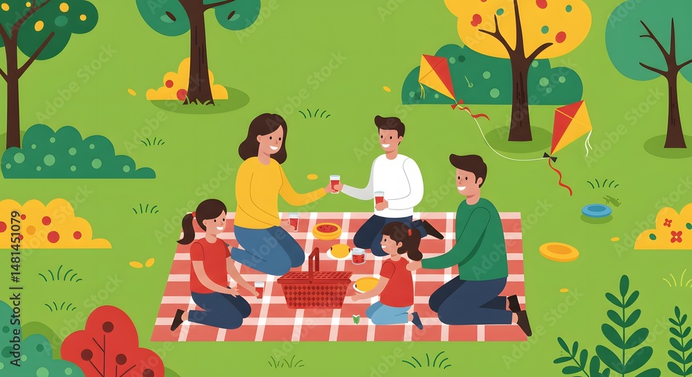 Fototapeta premium Family Picnic in the Park A Sunny Day of Fun and Togetherness