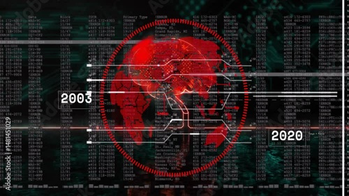 Red digital globe showing segmented ring and connectors in timeline interface with error data