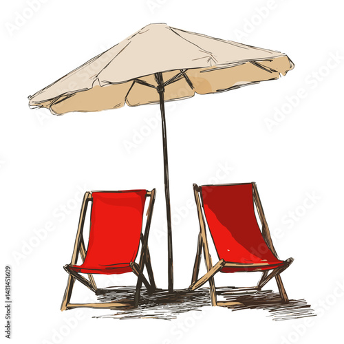 Two red beach chairs under an umbrella architecture relaxation furniture vector