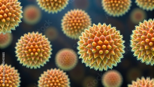Microscopic view of spiky pollen grains floating in the air, showcasing detailed texture and vibrant colors.
