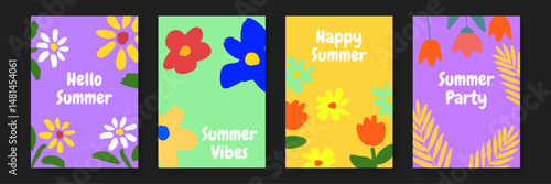 Four colorful summer themed cards perfect for crafting, invitations, social media posts, and seasonal promotions. Bright and cheery designs for various uses.