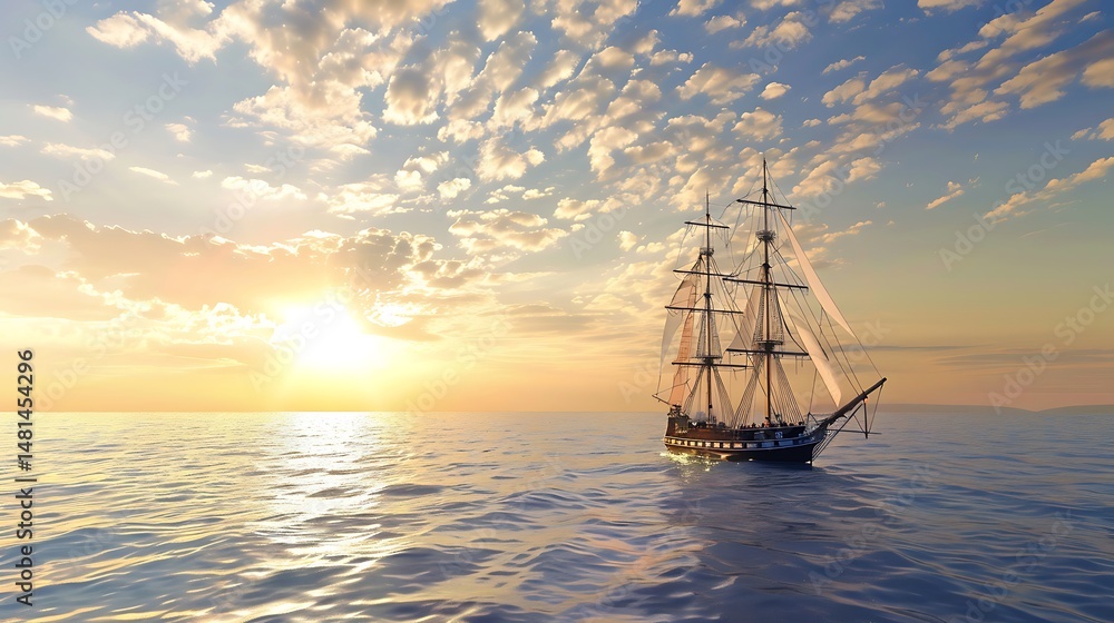 Fototapeta premium Sailing Ship At Sunset Sailing On The Calm Ocean With Golden Light
