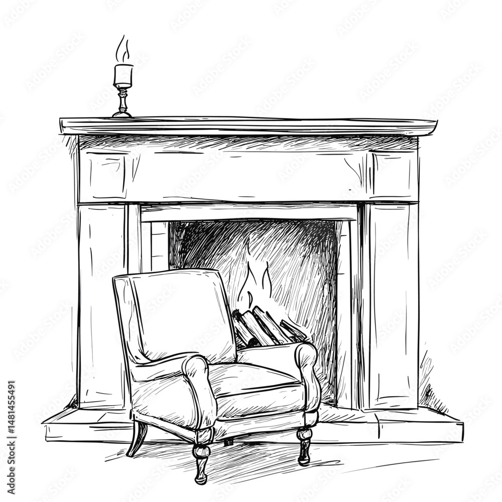 Fototapeta premium vector sketch armchair stands near fireplace on white background .Generative AI