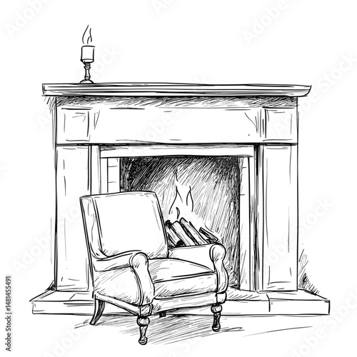 vector sketch armchair stands near fireplace on white background .Generative AI