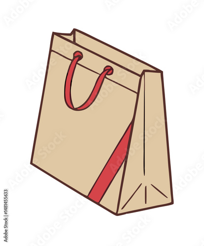 Simple illustration of a brown paper shopping bag with red handles and accents on white background