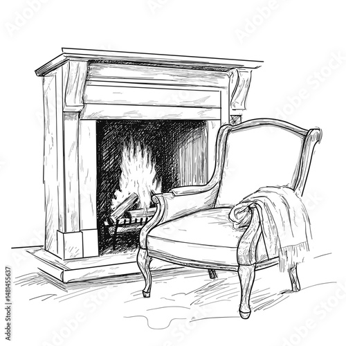 vector sketch armchair stands near fireplace on white background .Generative AI