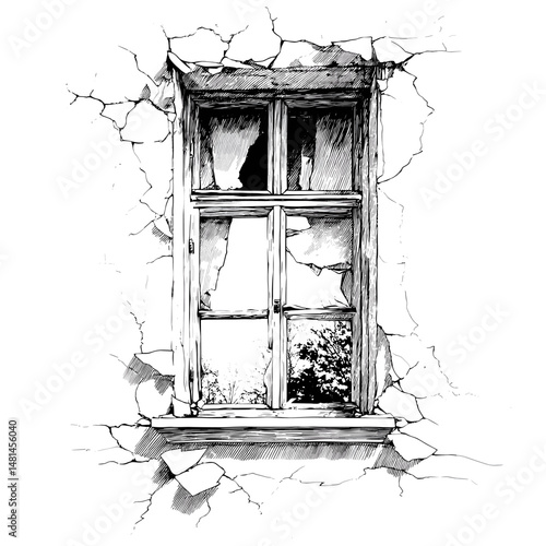 vector sketch window with broken glass on white background .Generative AI
