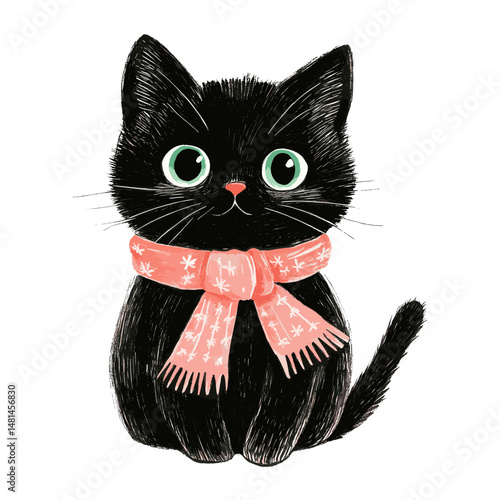 Kitten with scarff illustration black cat vector