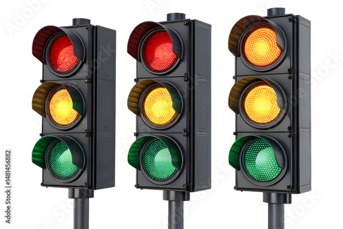 Set of traffic lights showing all colors red, yellow, and green isolated on white and transparent background
