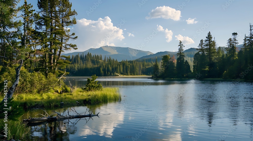 Fototapeta premium Scenic Lake Landscape With Reflecting Trees Under a Blue Sky and Clouds