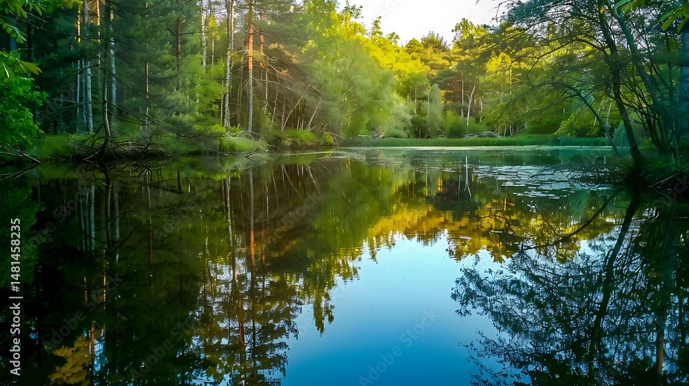 Scenic Lake Surrounded By Lush Green Forest Reflecting Sunlight and Trees Scenic Lake Surrounded By Lush Green Forest Reflecting Sunlight and Trees