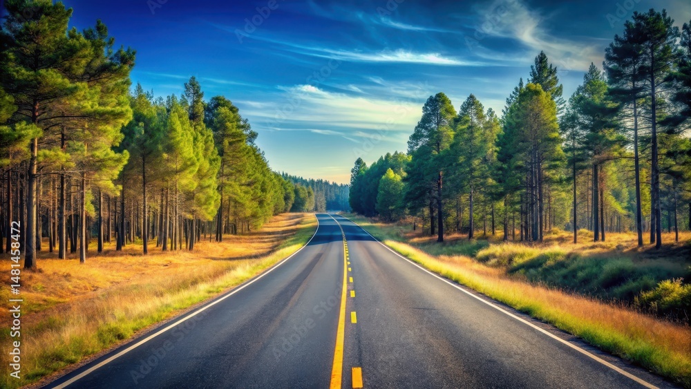 Fototapeta premium Abandoned asphalt road winding through empty landscape with tall trees and a clear blue sky