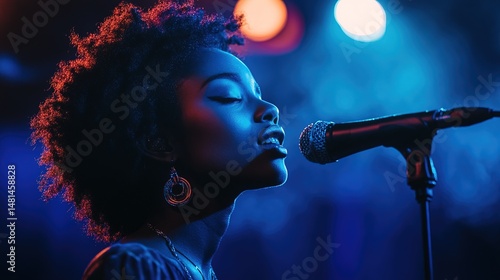 A R&B singer passionately performing under a soft spotlight, emotional stage setting
