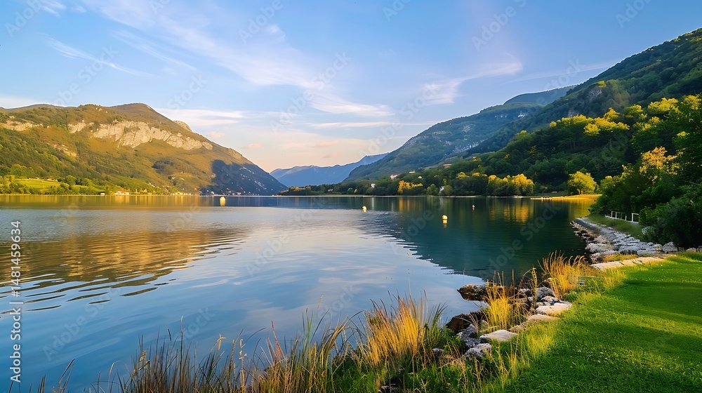 Obraz premium Scenic Landscape Of Lake And Mountains With Green Trees Under Sunlight