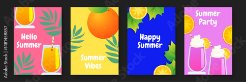 The asset consists of four illustrations featuring orange slices and drinks. Perfect for use in summer themed designs and beverage related projects.