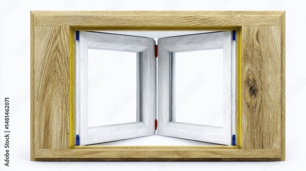 Fototapeta premium Lightweight wooden window frame with white accents isolated on white background. Generative AI