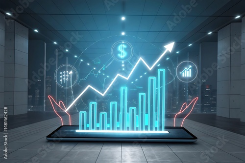Digital hands display a growing graph with a dollar sign on a tablet in modern architecture