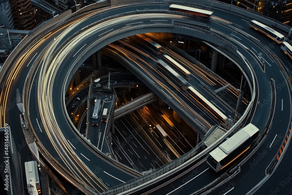 Fototapeta premium Aerial View of Circular Highway Intersection with Light Trails at Night in Tokyo Japan Urban Landscape Transportation Infrastructure