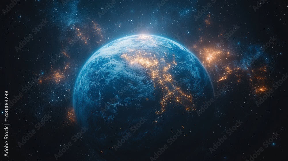 Stunning view of earth from space, illuminated by city lights against a starry backdrop. Stunning view of earth from space, illuminated by city lights against a starry backdrop.