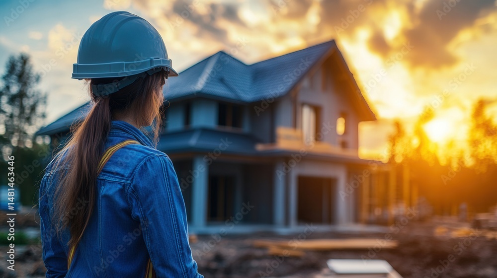 A construction worker contemplates the future of a residential home under a beautiful sunset. A construction worker contemplates the future of a residential home under a beautiful sunset.