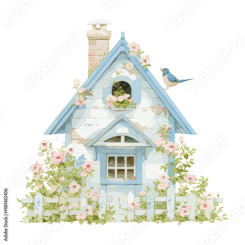 Birdhouse illustration cottage flowers vector