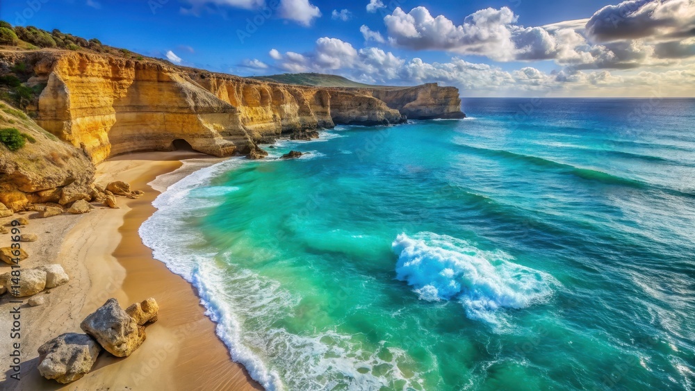 Obraz premium Serene ocean with rocky cliffs and turquoise waters, beachscape, waves, beachscape, waves, water, landscape, scenery