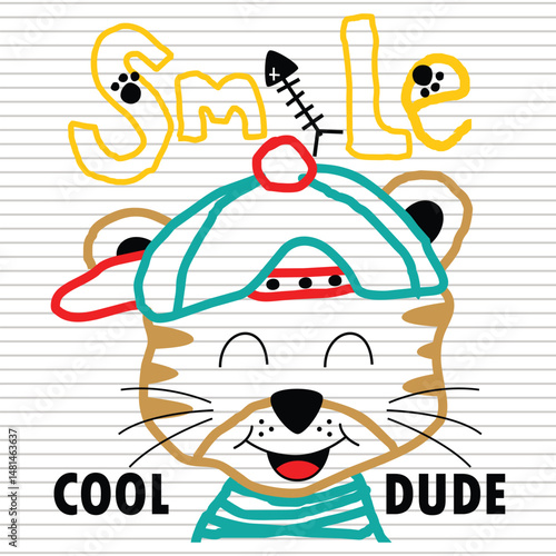 Hand-drawn cartoon tiger smiling confidently while wearing sideways cap on lined background with playful cool dude text. Style and personality concept
