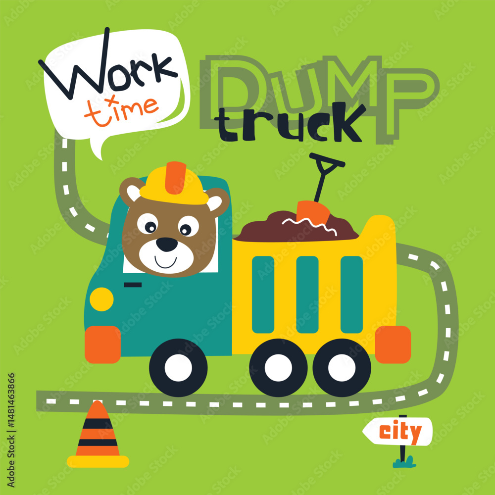 Cartoon bear driving colorful dump truck loaded with dirt on winding city road in cheerful construction scene for children. Work vehicle and urban concept
Cartoon bear driving colorful dump truck loaded with dirt on winding city road in cheerful construction scene for children. Work vehicle and urban concept